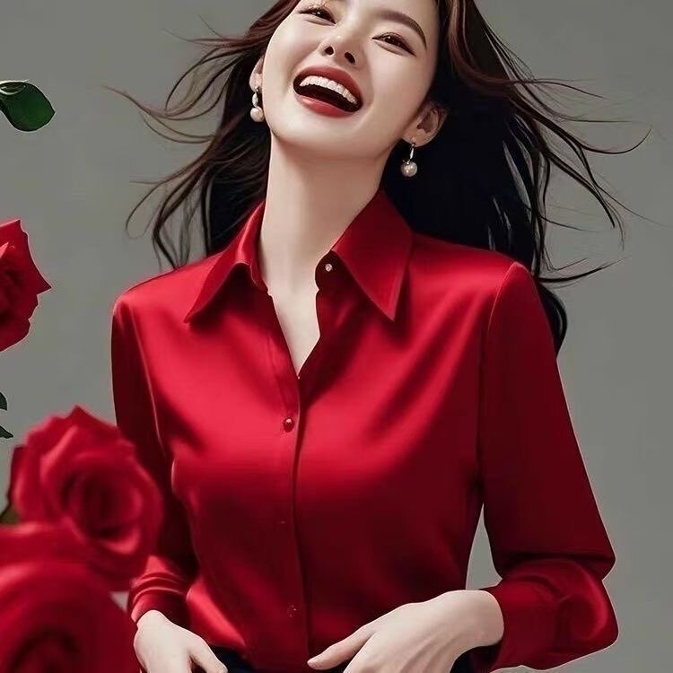 High-End Satin Shirt for Women, Long-Sleeved, Red, Professional Wear, Elegant Shirt, Silk Base Layer, Polo Collar Top