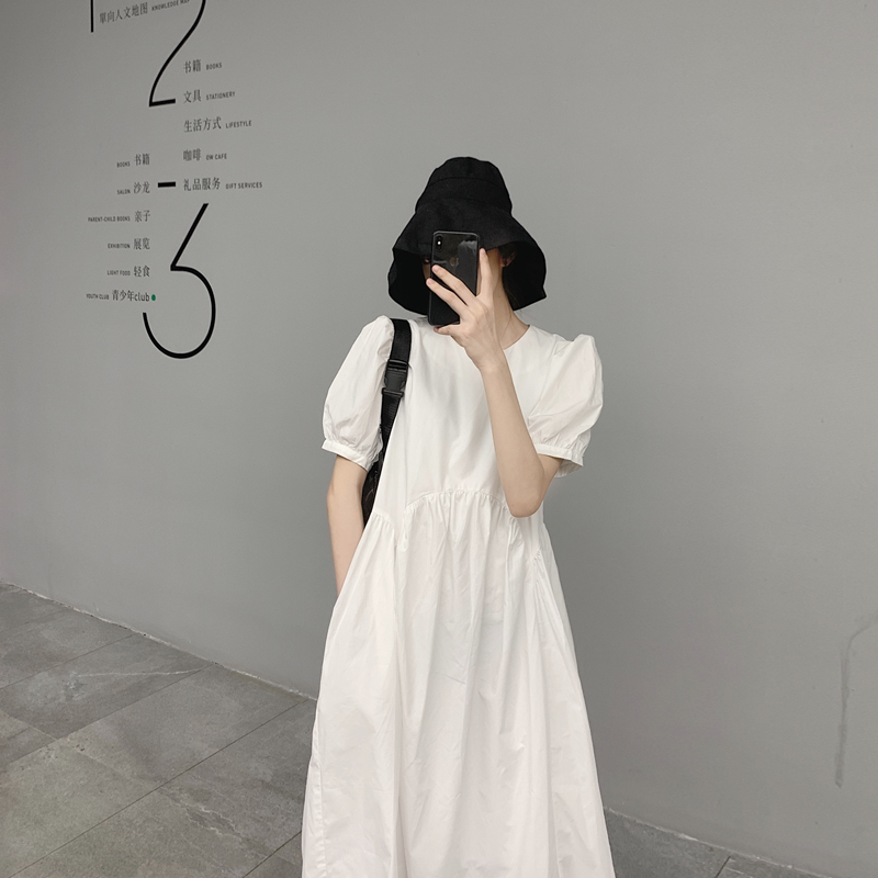 Plus Size Women's Fairy-Like Long Dress with Puff Sleeves, Summer 2026 New Style, Loose Casual White Dress