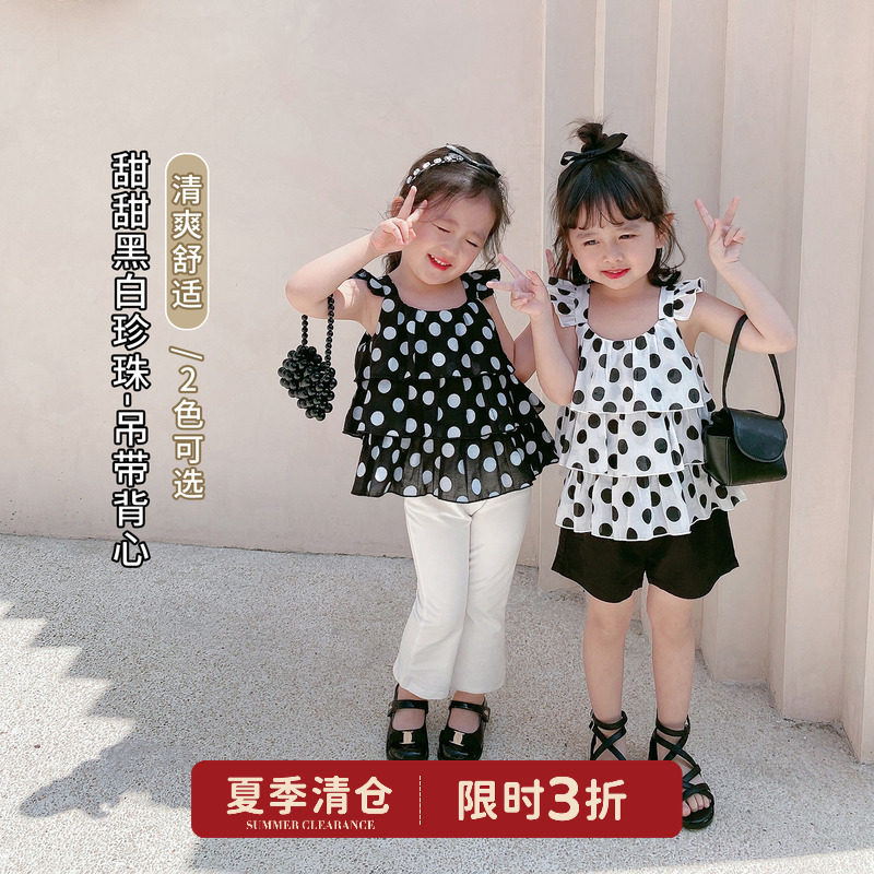 Chen Tai Pig L Mother Girl Summer Clothing New black and white Wave points Clothing Harness Vest 100 Lapped Foreign Pie Net Red Bursting