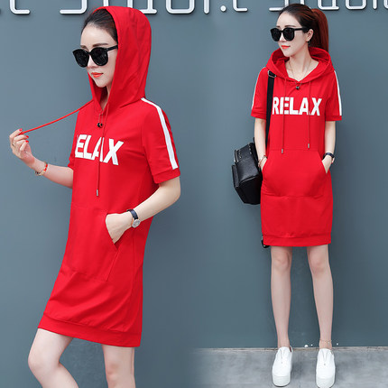 卫衣女薄款夏季短袖中长款字母薄款宽松裙衫带