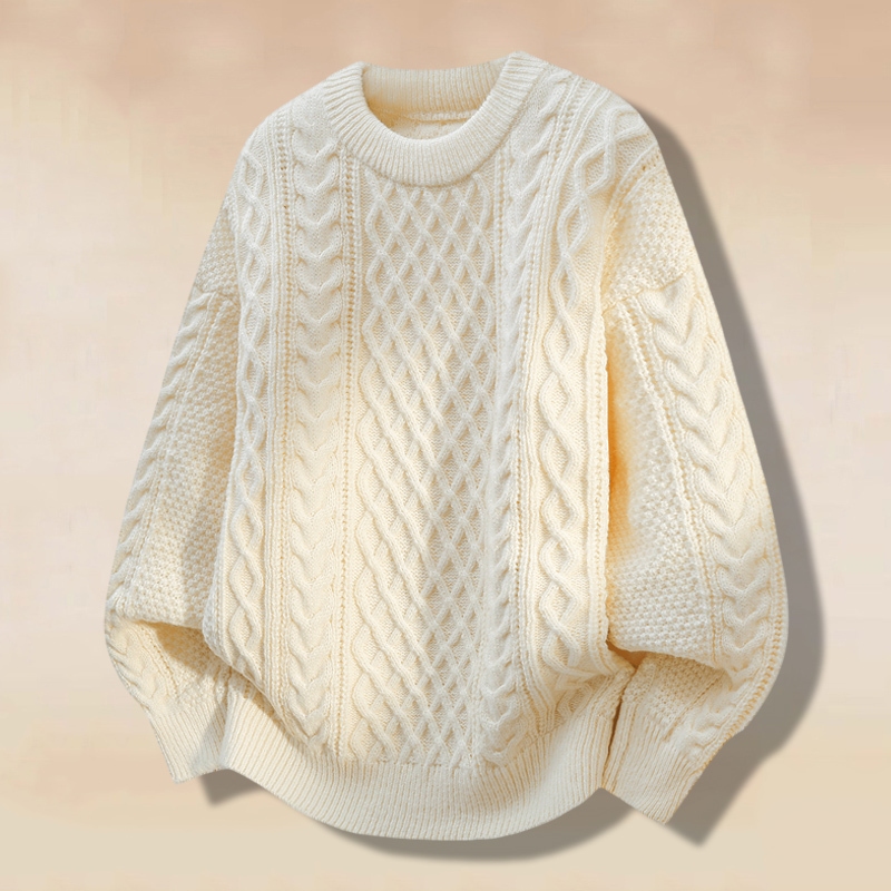 New Autumn and Winter Round-Neck Sweater for Men, Thickened Cable Knit Base Shirt, Couple's Long-Sleeved Loose Inner Knitwear