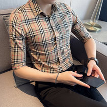 Plaid short-sleeved shirt mens summer casual seven-point sleeve Korean fashion slim mid-sleeve shirt Ruby design sense
