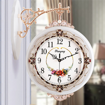 European style double-sided clock living room wall clock home solid wood creative two-sided decoration solid wood modern Wall silent hanging watch