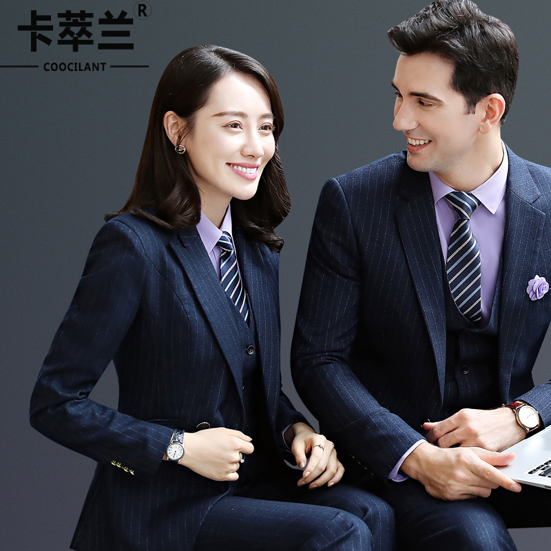 High-end business striped suit men's and women's same style white-collar workers show thin temperament iron-free suits formal wear company corporate tooling