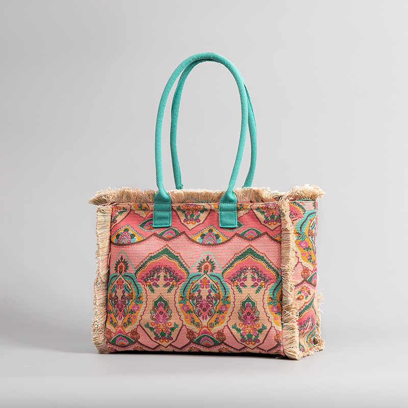 European and American Style Tote Bag, Bohemian Retro Shoulder Bag, Zipper Handbag, Large Capacity Canvas Bag for Women in Summer