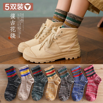 Socks womens autumn and winter tube socks pure cotton Korean version retro college style thick line pattern Japanese retro socks womens tide