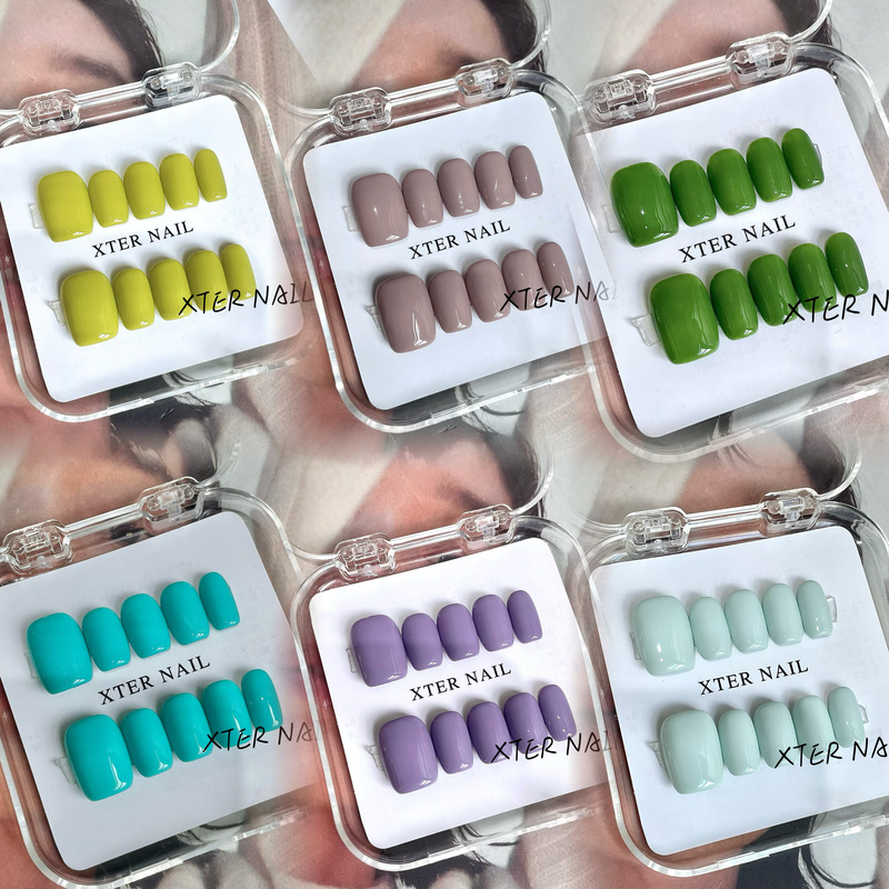 Purely Handmade Wearable Nails in Green, Yellow, and Milky White Colors, Finished Nail Art, Single-Color Nail Stickers That Enhance Complexion, Nail Tips