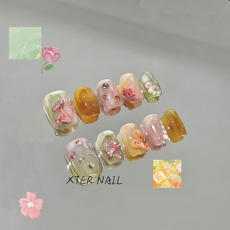 Spring Fantasy Candy Gradient Mushroom 3D Flower Wearable Nail Art Finished Short Handmade Fake Nails Nail Tips