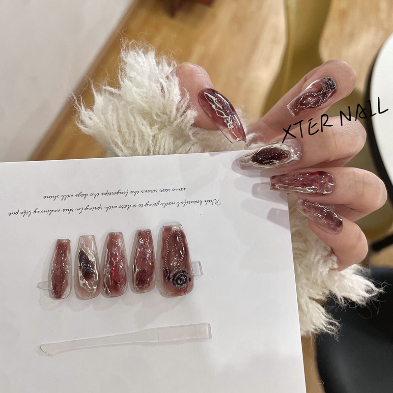 European and American Hot Girls' Ice-Clear Ruby Red Butterfly Magic Mirror Powder Fake Nail Patches, Whitening Handmade Wearable Nail Art Finished Products