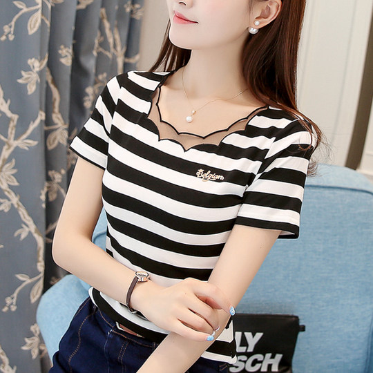 Black and white striped T-shirt women's short-sleeved pure cotton summer new Korean version slim mesh splicing top bottoming shirt 2023