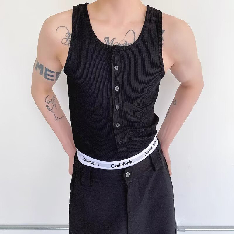 Sex Tension-Breasted Party Vest Men's Tight Elastic Cotton Sleeveless T-Shirt Internet Celebrity Sexy Vest Buttoned Waistcoat