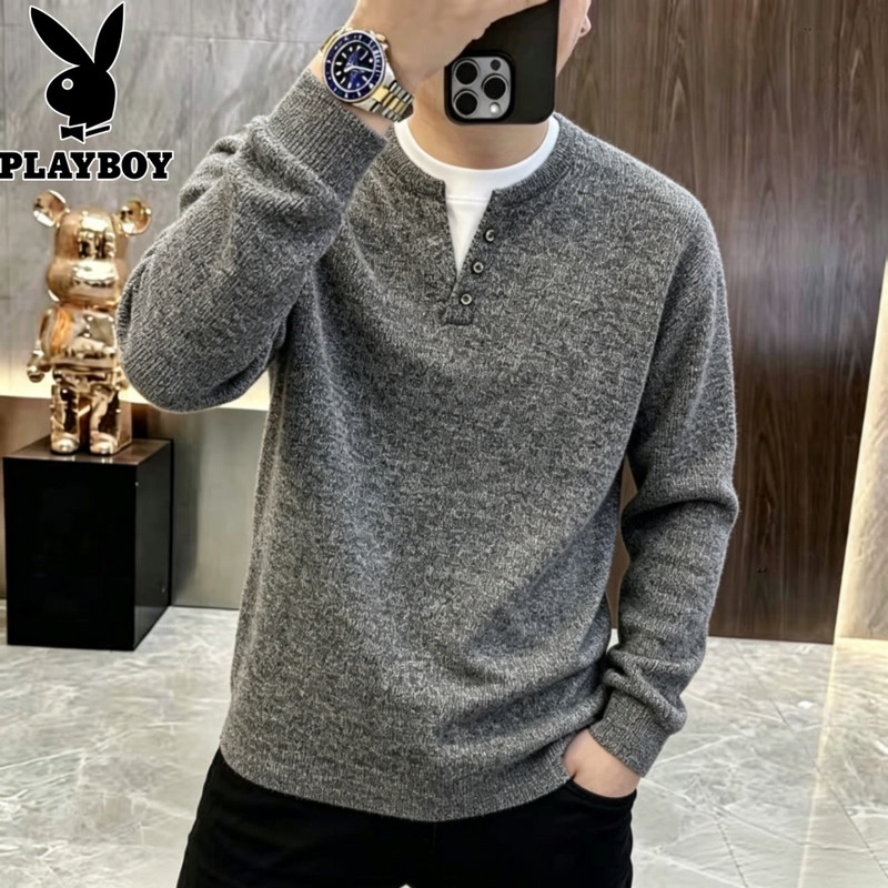 Playboy Fake Two-Piece Sweatshirt Men's V-Neck Base Shirt 2026 Autumn and Winter New Casual Long-Sleeve T-Shirt Top Playboy Fake Two-Piece Sweatshirt Men's V-Neck Base Shirt 2026 Autumn and Winter New Casual Long-Sleeve T-Shirt Top