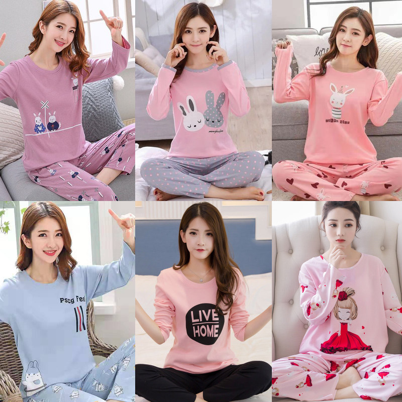 Long-sleeved pajamas women's spring and autumn winter summer thin cute women's home clothes Female student Korean version sweet two-piece suit
