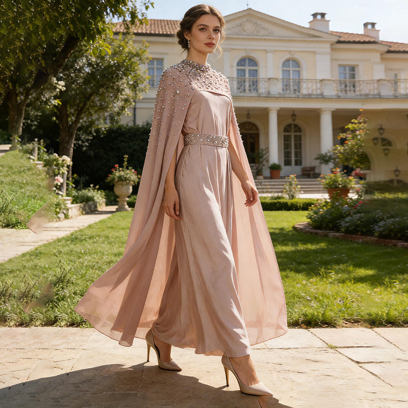 New 2026 Spring Elegant Retro Style Heavy-Duty Rhinestone-Embellished Cape-Style Shawl High-Waisted Slimming Dress New 2026 Spring Elegant Retro Style Heavy-Duty Rhinestone-Embellished Cape-Style Shawl High-Waisted Slimming Dress