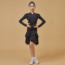 Autumn and winter New Latin clothing girls practice clothing professional fashion wooden ear performance competition clothing long sleeve dress