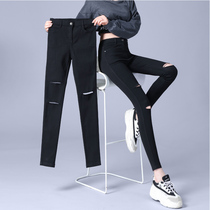 Hole leggings women wear spring and autumn 2021 New Korean version of high waist elastic tight small feet black magic pants