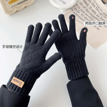 Korean style woolen knitted mens gloves for winter cold protection and warmth hollow personalized finger-exposed touch screen outdoor cycling fingertips