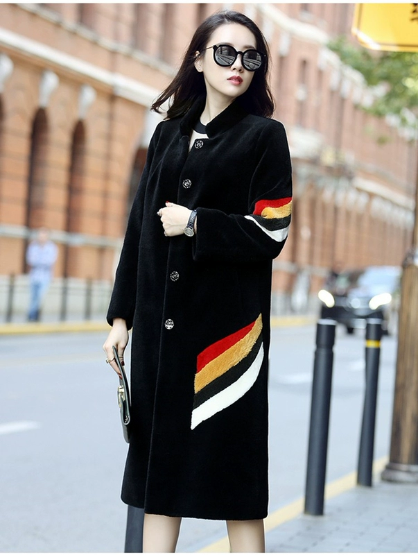 Haining lông trên đầu gối đoạn dài kích thước lớn rút tủ cừu cắt coat ladies cầu vồng phần cổ áo jacket chống mùa giải phóng mặt bằng áo khoác lông nữ dáng ngắn