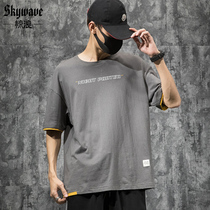 Jinglang 2021 new summer tide brand fake two-piece short-sleeved t-shirt mens loose large size trend cotton half-sleeved top