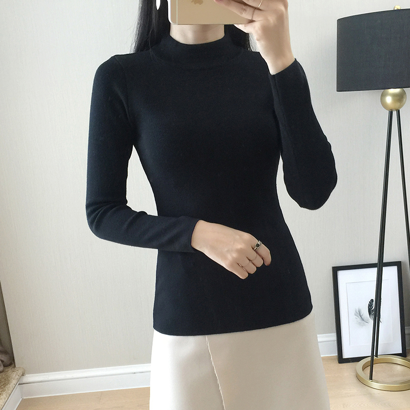 2018秋冬半高领长袖针织打底衫女黑色毛衣修