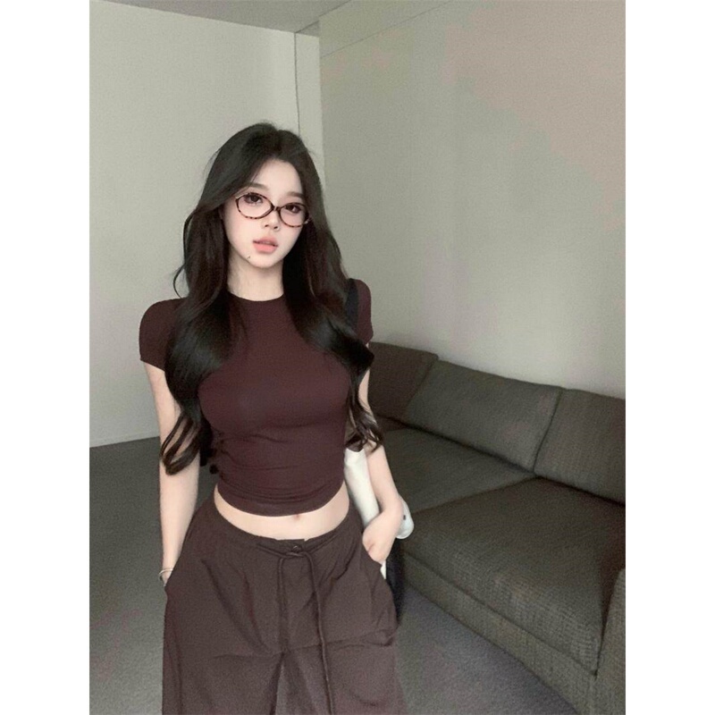 Japanese Gp American-Style Spicy Girl Versatile Round-Neck Short-Sleeve T-Shirt for Women, Summer Vintage Coffee Color Slim-Fit Short Top