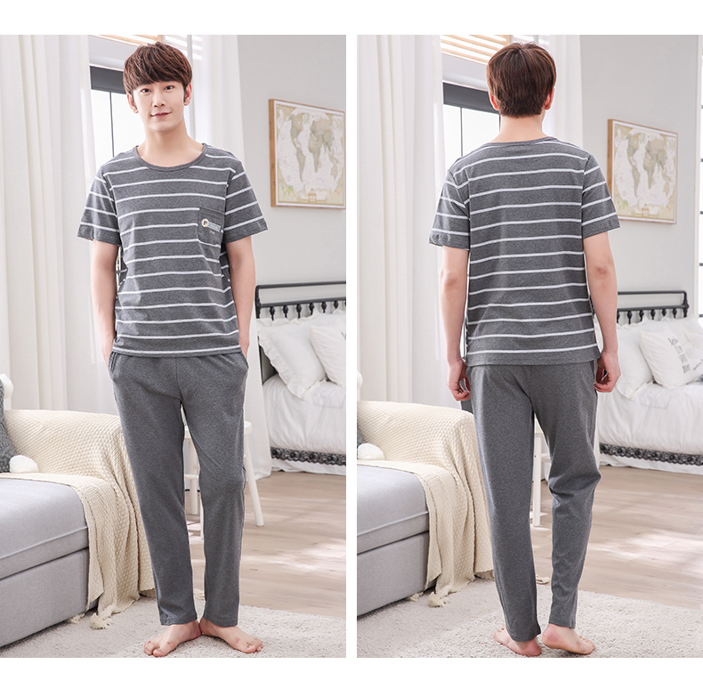 Bộ đồ ngủ nam ngắn tay Quần cotton mặc nhà mùa hè Cotton mỏng Đàn ông kính mắt mùa hè đồ bộ ống rộng