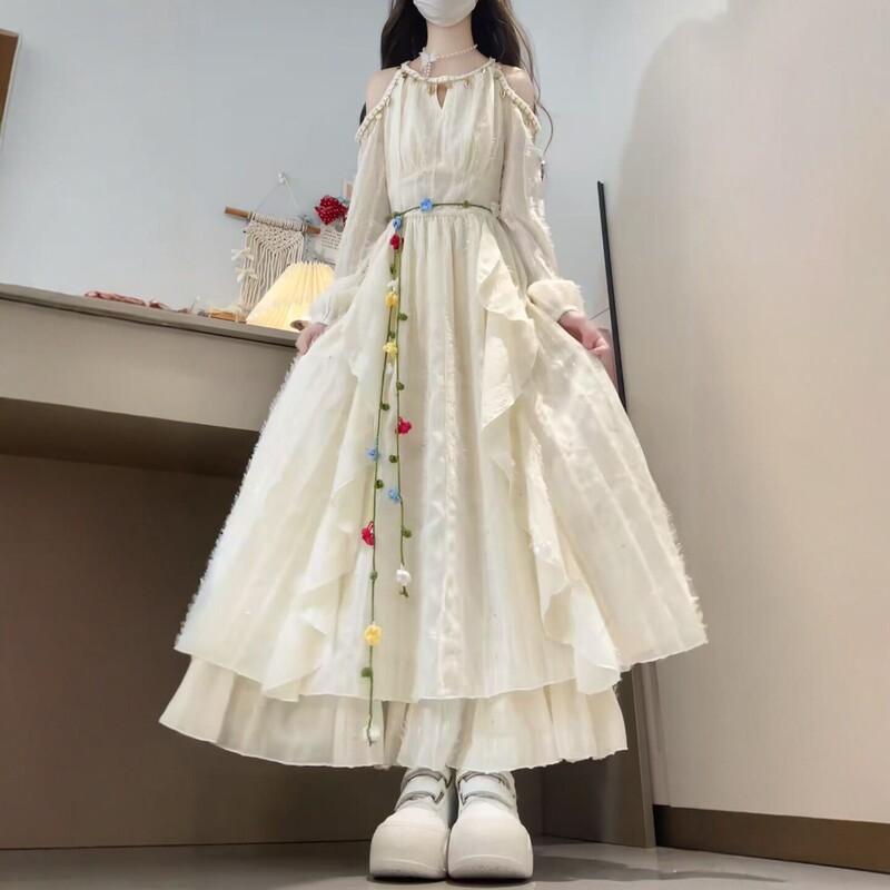 French Resort Style Off-Shoulder Halter Dress for Women, New Summer White Ruffled Waist-Cinching Long Dress, Very Pretty