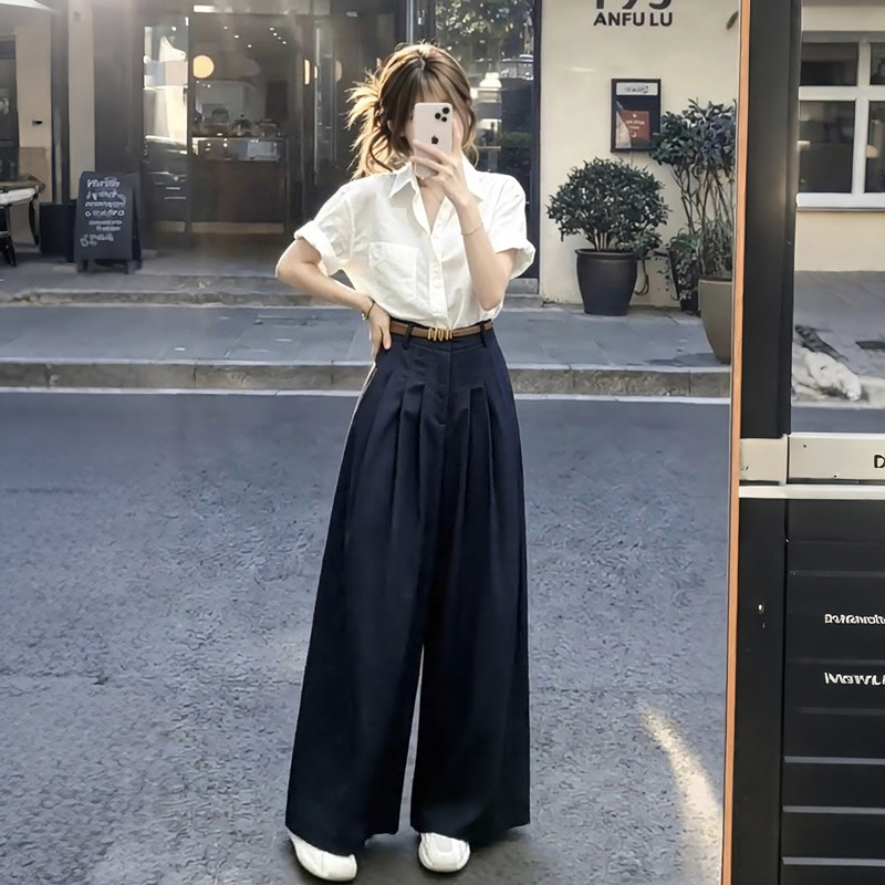 Gorgeous Summer Two-Piece Outfit: White Polo Collar Short-Sleeve Shirt and Wide-Leg Pants, Stylish Professional Workwear Set for Women