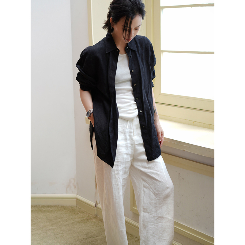 Jiaoye Black Lapel Casual Shirt Women's Summer New Linen Long Sleeve Custom-Dyed Black Shirt Z7350