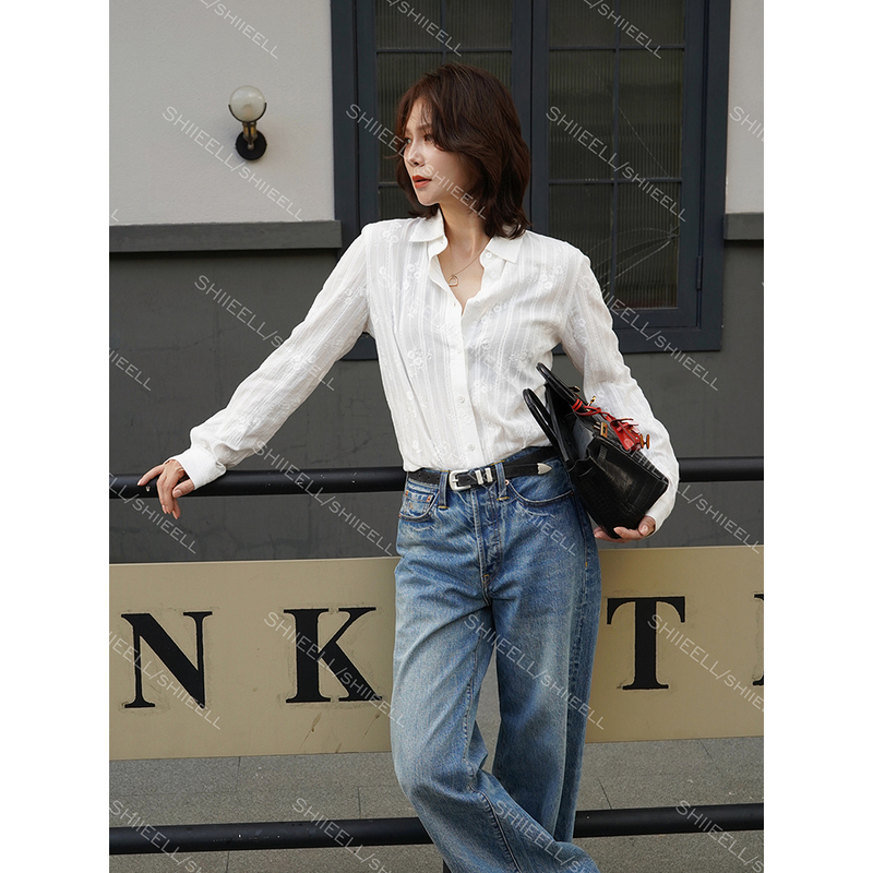 Shiieell Official official store [Plain White Floral] White Flower Embroidery Slim Fit Shirt Women's Autumn Top