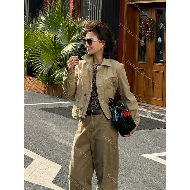 Shiieell【Gentle Hunter】Khaki Short Style Distressed Washed Matte Lapel Jacket Pj016