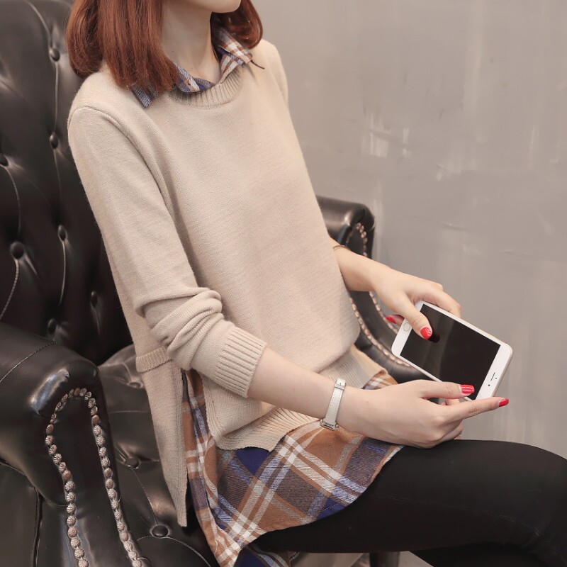 Fat sister spring and autumn knitted sweater large size sweater women loose 200 jin fat mm cover belly top fake two-piece suit