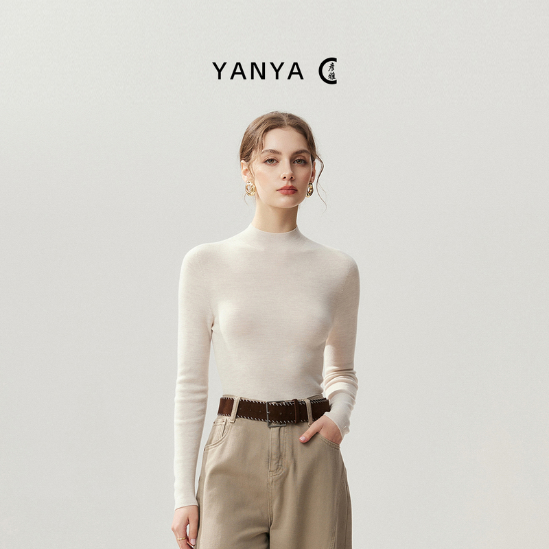 60-Count Fine-Spun Yangtze Yarn, One-Piece Molded 100% Merino Wool Sweater for Women, Half-Turtleneck Autumn Knit Base Sweater