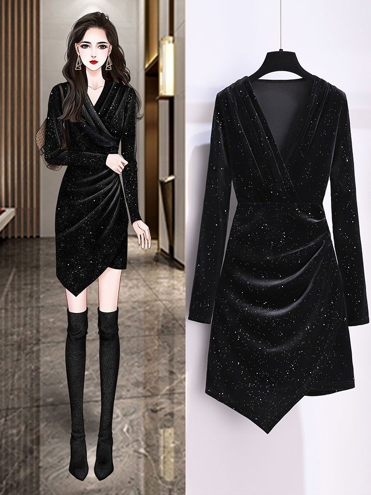 Light Extravagant Advanced Senses Autumn winter ultra-looking dress Dress Feminine Thickened silk suede Hip Dress with little black dresses-Taobao