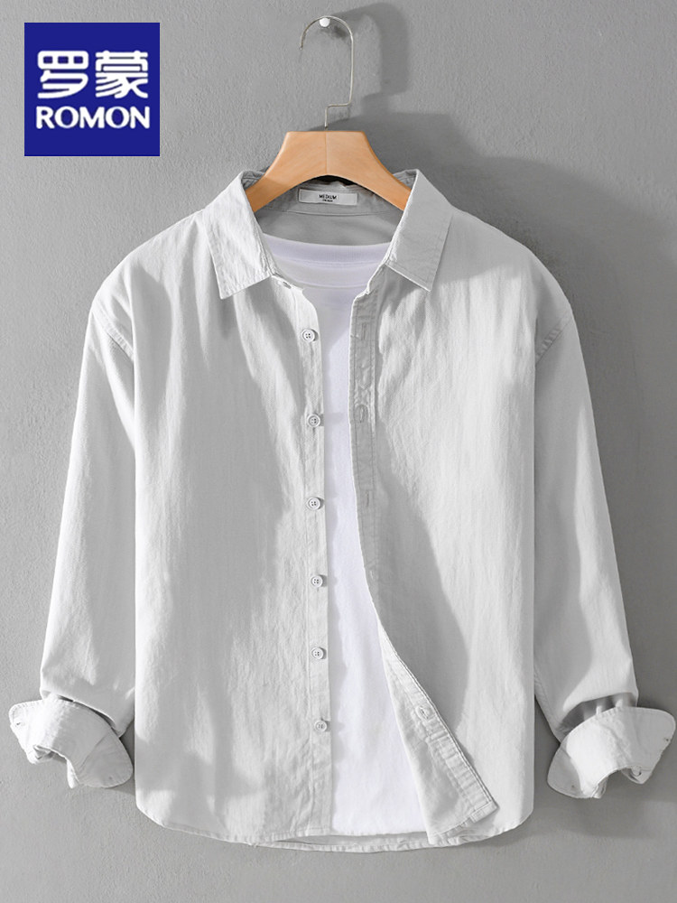 Romon Men's Pure Cotton Long-Sleeve Shirt, Spring and Autumn Youth Casual Versatile Top, Japanese Style Solid Color Shirt Jacket