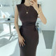 Pleated round neck side opening tie waist vest slimming dress mid-length side slit summer new sleeveless