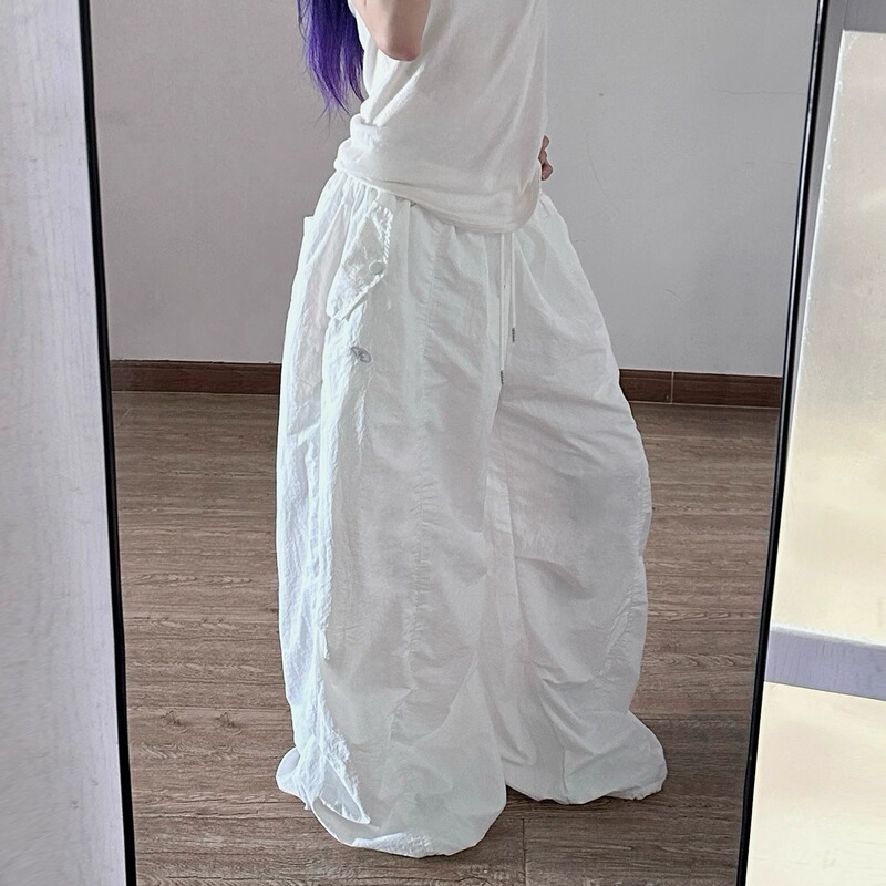 Strawberry Bear Classmate American-Style White Pleated Pocket Silhouette Wide-Leg Pants Elastic Waist Paratrooper Quick-Dry Pants for Women