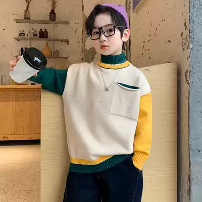 Boys' sweater pullover 2021 new children's turtleneck sweater plus velvet padded medium child Korean autumn and winter tide