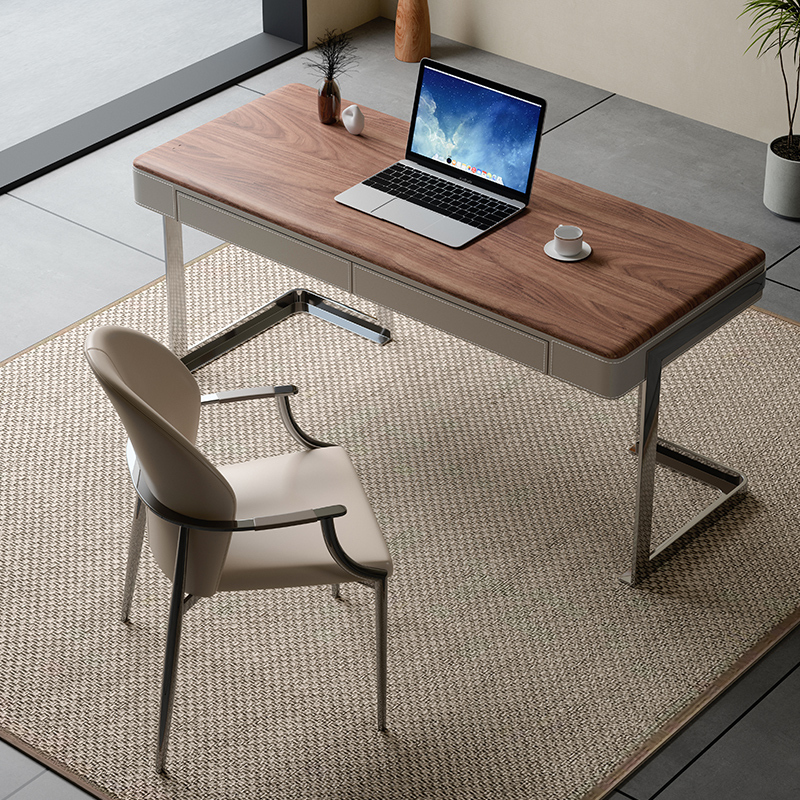 Retro Style Walnut Wood Grain Solid Wood Desk Italian Minimalist High-End Writing Desk Villa Saddle Leather Computer Desk and Chair