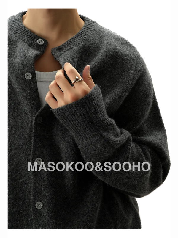 Masokoo【100% Wool Cardigan】Round Neck Vintage Lazy Style Cardigan Sweater Unisex Knitwear
