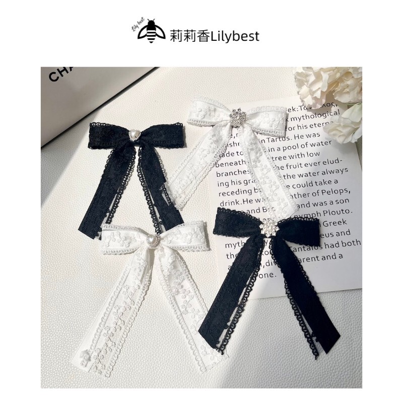 Lace Bow Heart Rhinestone Bow Tie Ladylike Brooch Accessory Versatile Girly Sweet Solid Color Korean Style