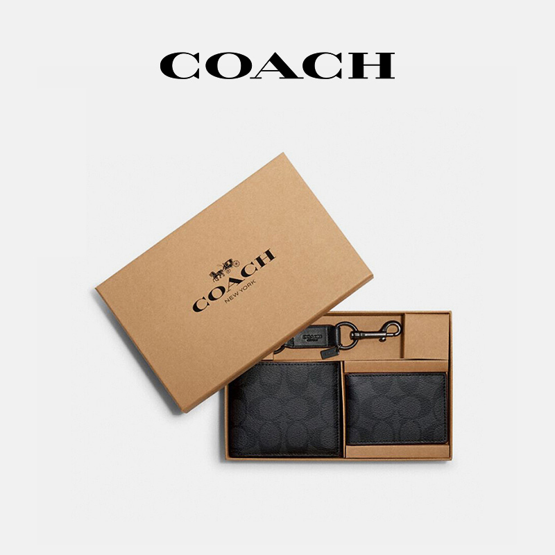 [In-Stock in China] Coach/Coach Short Wallet with Keychain and Card Holder Gift Box Set for Men, Gift for Boyfriend