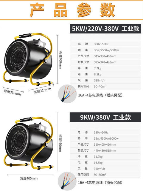 Electric Heater, Small Steel Warm Air Blower, Heater, Hot Air Fan, Dryer, Industrial High-Power Heating Stove, Waterproof
