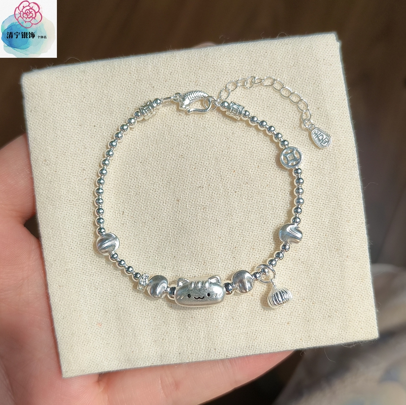 999 Pure Silver Baguette Cat Sterling Silver Bracelet, Matte, Chinese Style, Cute, Delicate, Versatile Bracelet, Gift for Girlfriend or Best Friend