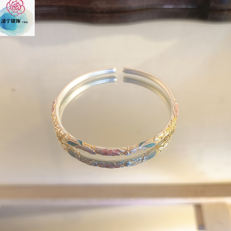 Clouds of Color: Pure Silver 999.9 Bracelet, New Chinese Style Round Bar with Koi Fish and Lotus, Versatile Enamel Design, Perfect for Gifting