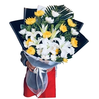 19 Желтые и белые хризантема + белая лилия Букет D