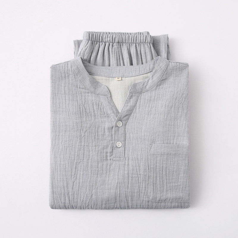 Spring and Autumn Pure Cotton Double-Layer Gauze Japanese-Style Solid Color Men's Long-Sleeved Round-Neck Pajama Set Pure Cotton Casual Loungewear Spring and Autumn Pure Cotton Double-Layer Gauze Japanese-Style Solid Color Men's Long-Sleeved Round-Neck Pajama Set Pure Cotton Casual Loungewear