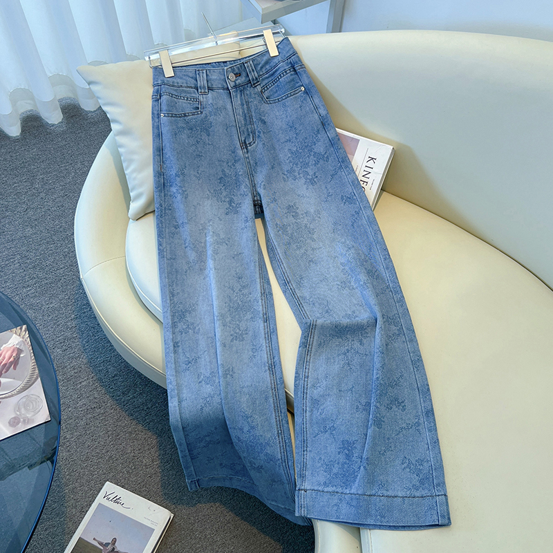 La Chapelle Printed Jeans for Women, Summer 2026 New Style, Loose Fit, Slimming, Hong Kong Style Straight-Leg Pants, Tie-Dye Wide-Leg Pants