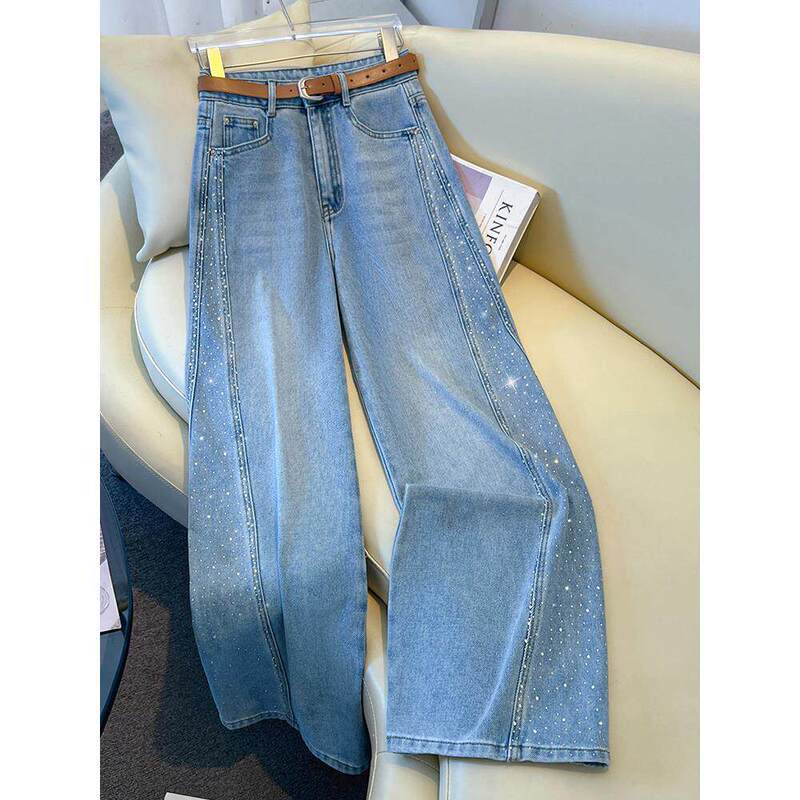 La Chapelle Star-Studded Rhinestone Wide-Leg Jeans for Women 2026 High-End Sparkling Rhinestone Scimitar Pants Retro Straight-Leg Pants