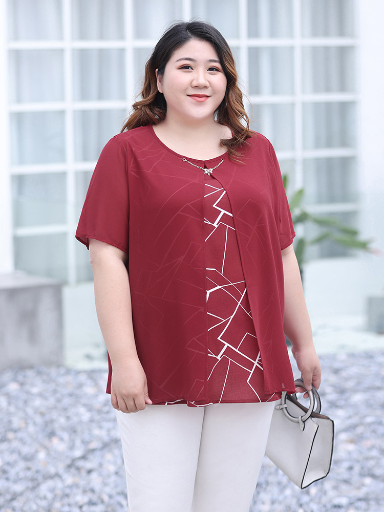 MOMS SUMMER DRESS FAKE TWO SHIRTS FEMALE FAT MM NEW T-SHIRT FAT PLUS SIZE LOOSE BELLY COVERING CHIFFON SHIRT 200 POUNDS